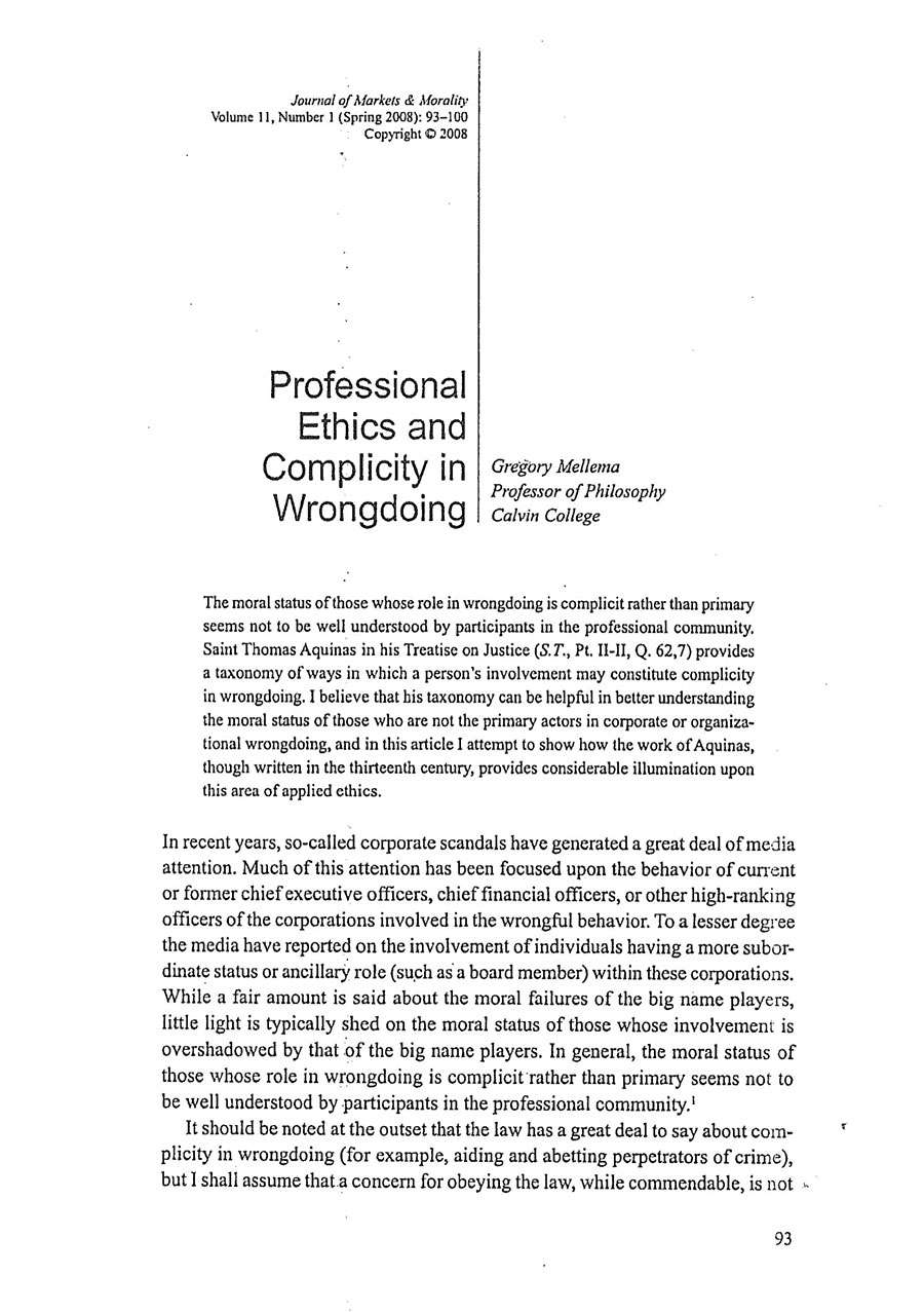 PROFESSIONAL ETHICS AND COMPLICITY IN WRONG DOING